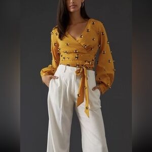 Maeve Anthropologie 3D Bumble Bee Embroidered Wrap Top Mustard 
Size 6 NOVELTY